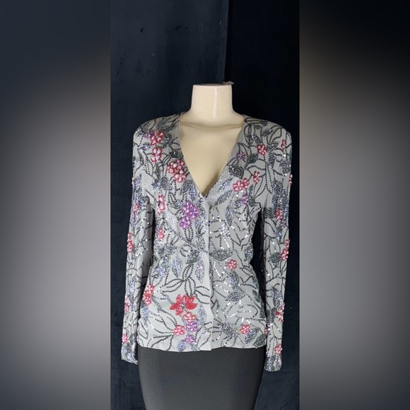 Mandalay Jackets & Blazers - Embellished Floral V-Neck Jacket - Gray with Pink & Purple Accents